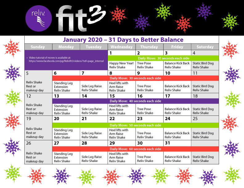 Reliv January 2020 Daily Moves Calendar