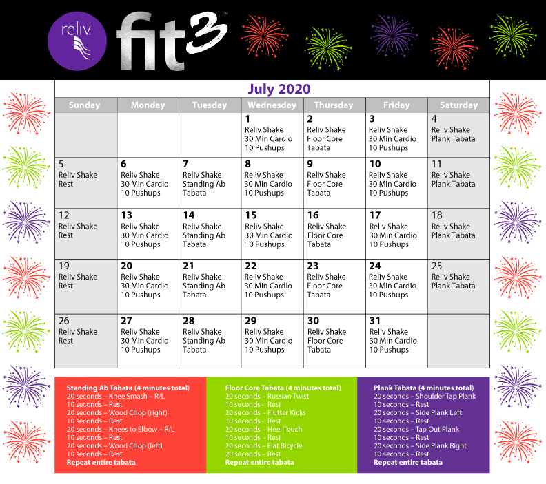 Reliv July 2020 Daily Moves Calendar