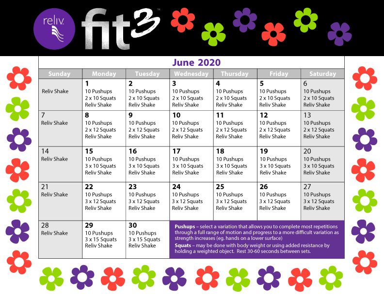 Reliv June 2020 Daily Moves Calendar