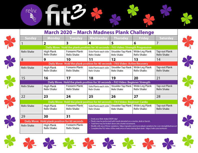 Reliv March 2020 Daily Moves Calendar