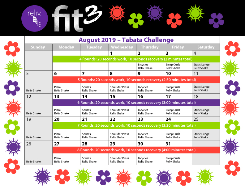 Reliv August 2019 Daily Moves Calendar